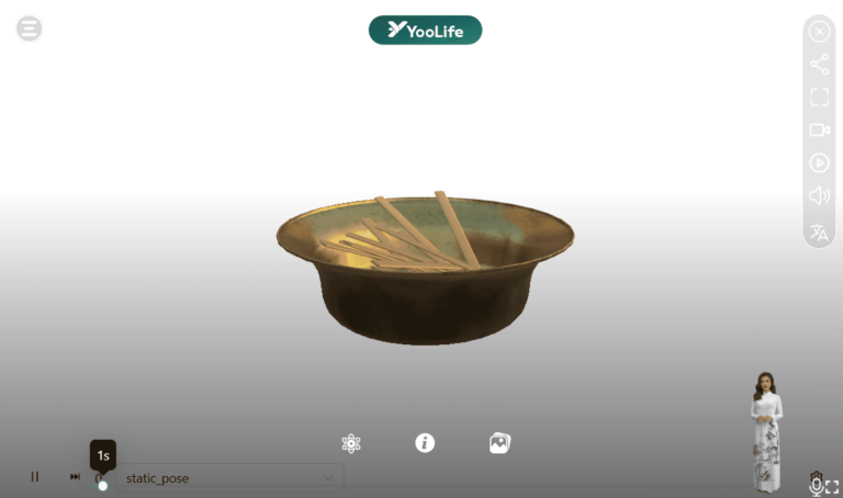 Chậu đồng đựng thẻ được tái hiện dưới dạng mô hình 3D chi tiết, từ hình dáng, hoa văn, chất liệu đến bối cảnh sắp đặt trong