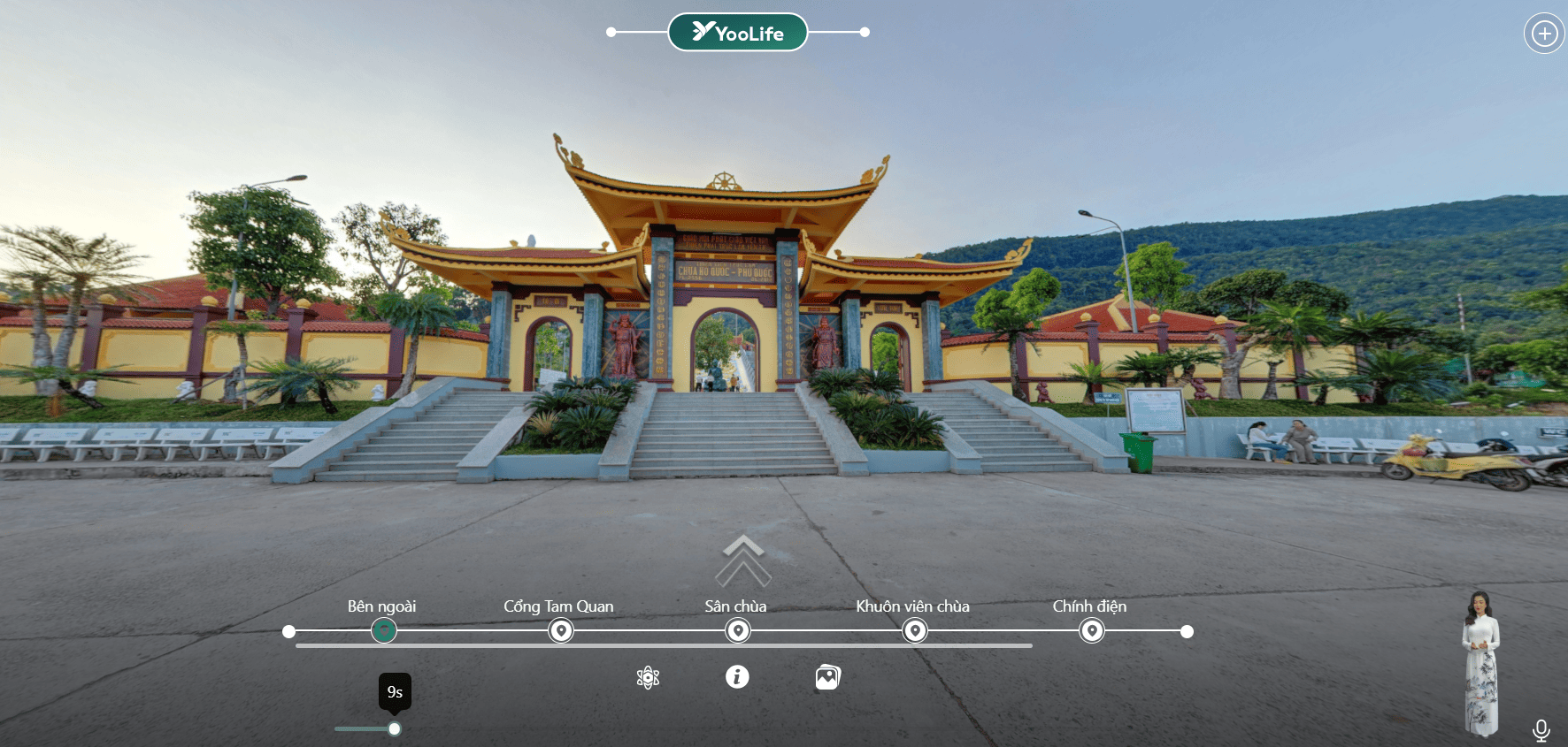 Người dùng có thể xoay 360 độ để chiêm ngưỡng toàn cảnh chùa từ trên cao, phóng to từng chi tiết kiến trúc như cổng Tam Quan