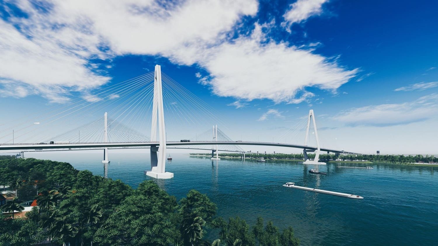Cầu Mỹ Thuận sở hữu nhịp chính dài 350m, sử dụng hệ thống dây văng hình quạt nối liền hai tháp trụ,