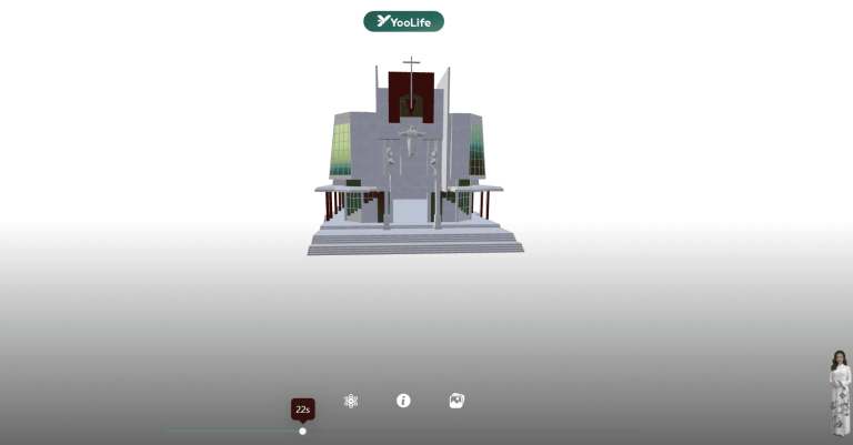Mô hình 3D cho phép người xem chiêm ngưỡng toàn cảnh nhà thờ từ nhiều góc nhìn khác nhau, từ mặt tiền, sân vườn, cho đến nội thất cung thánh