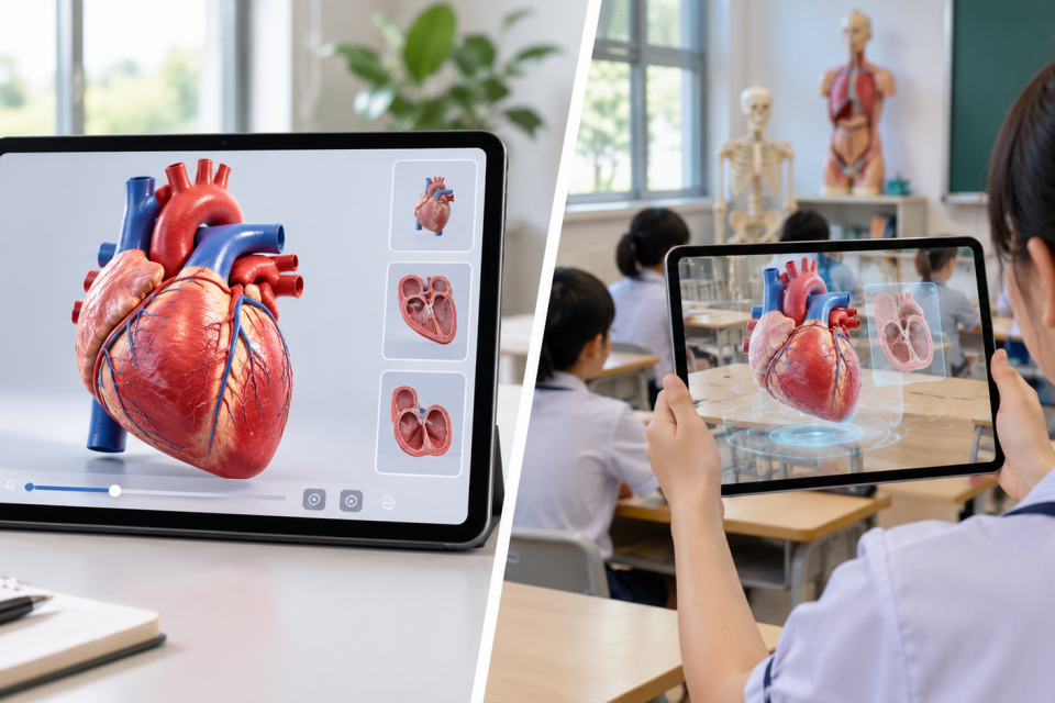 Minh họa sự khác biệt giữa mô hình 3D hiển thị trên máy tính bảng và trải nghiệm XR tương tác trong lớp học
