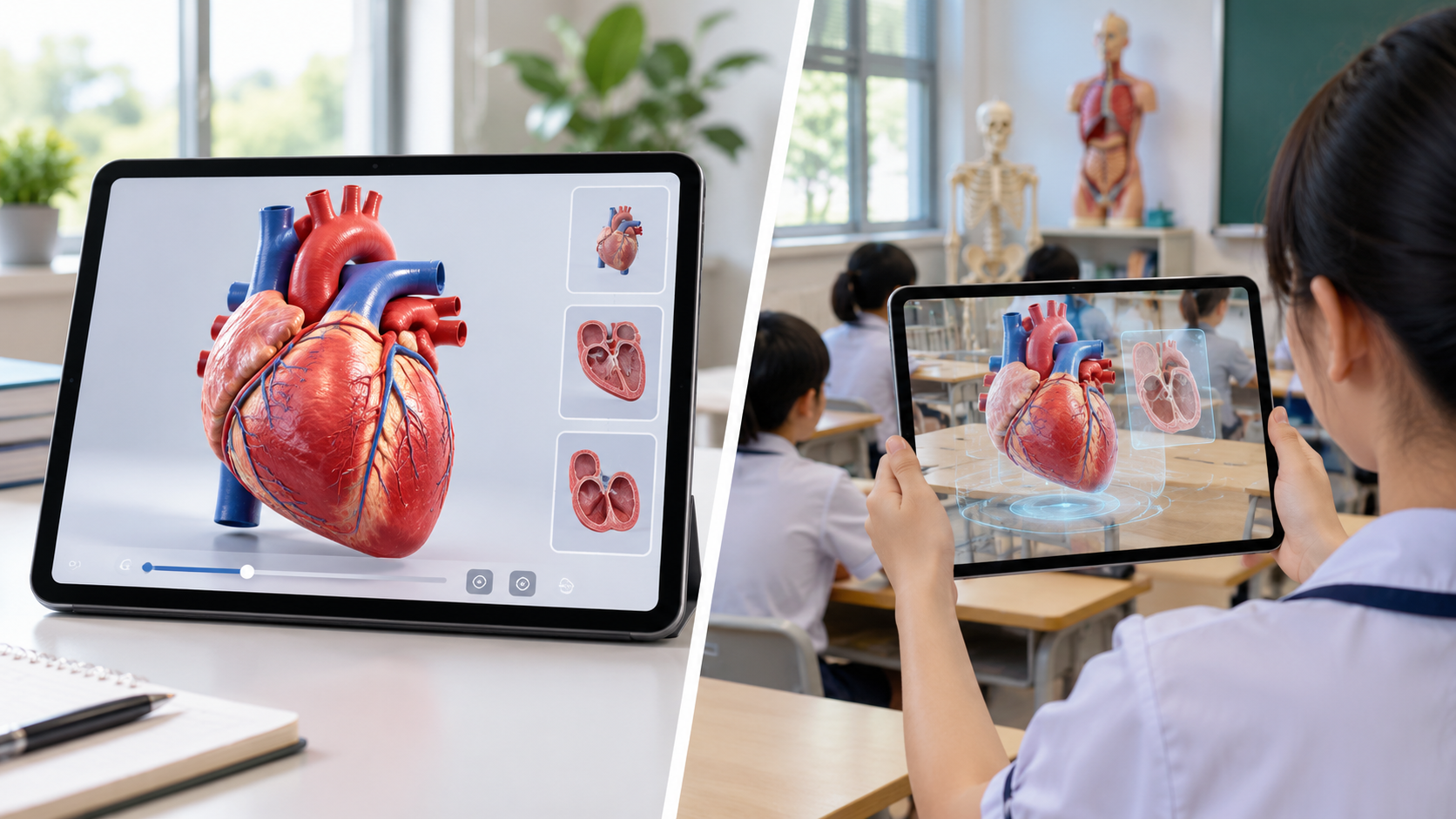 Minh họa sự khác biệt giữa mô hình 3D hiển thị trên máy tính bảng và trải nghiệm XR tương tác trong lớp học