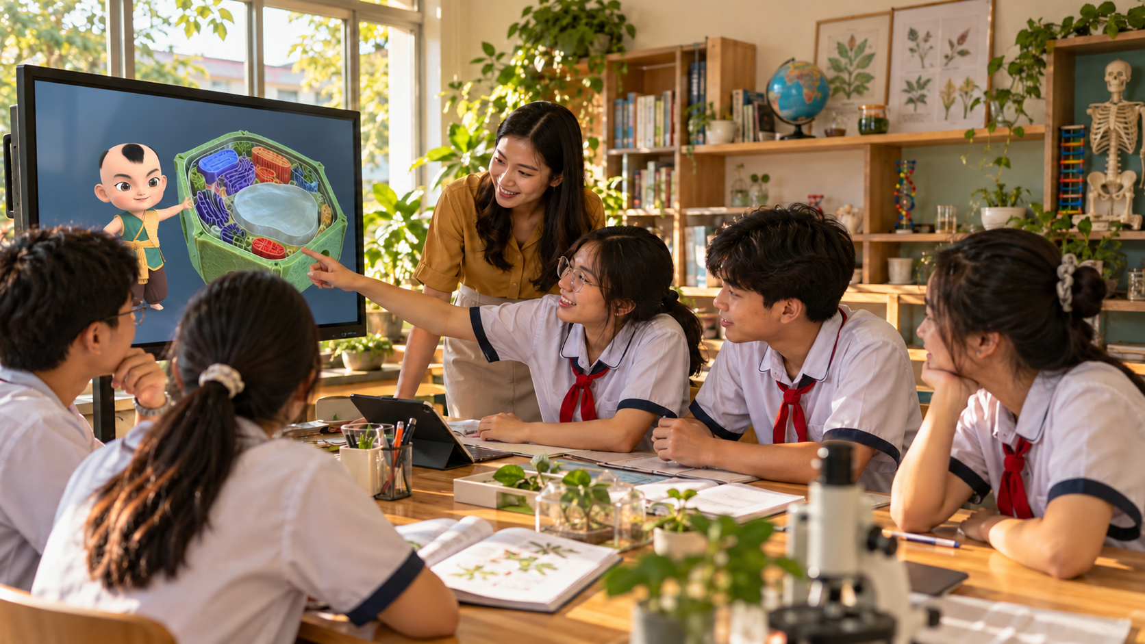AI trong giáo dục: AI Mascot YooBook đồng hành cùng giáo viên và học sinh khám phá mô hình tế bào 3D.