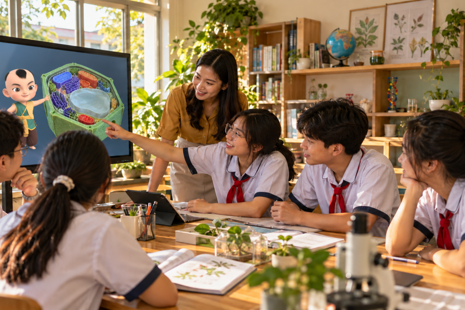 AI trong giáo dục: AI Mascot YooBook đồng hành cùng giáo viên và học sinh khám phá mô hình tế bào 3D.