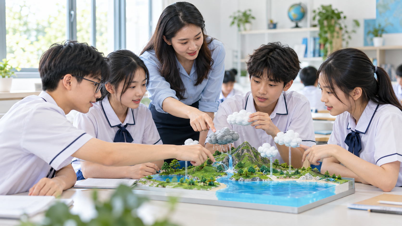 Bài giảng tương tác khi giáo viên và học sinh cùng khám phá mô hình chu trình nước trong lớp học.