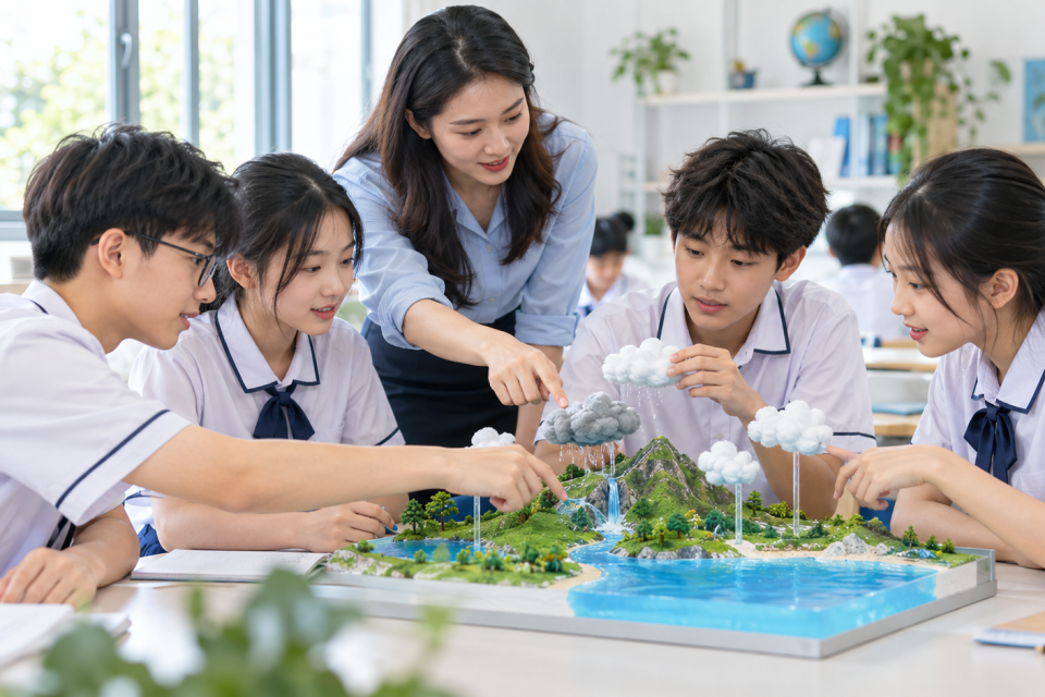 Bài giảng tương tác khi giáo viên và học sinh cùng khám phá mô hình chu trình nước trong lớp học.