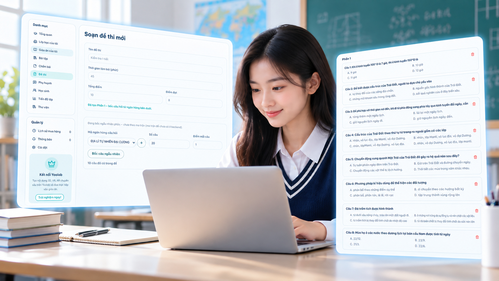 Bài kiểm tra online với giao diện soạn đề thi và câu hỏi trắc nghiệm trên nền tảng số