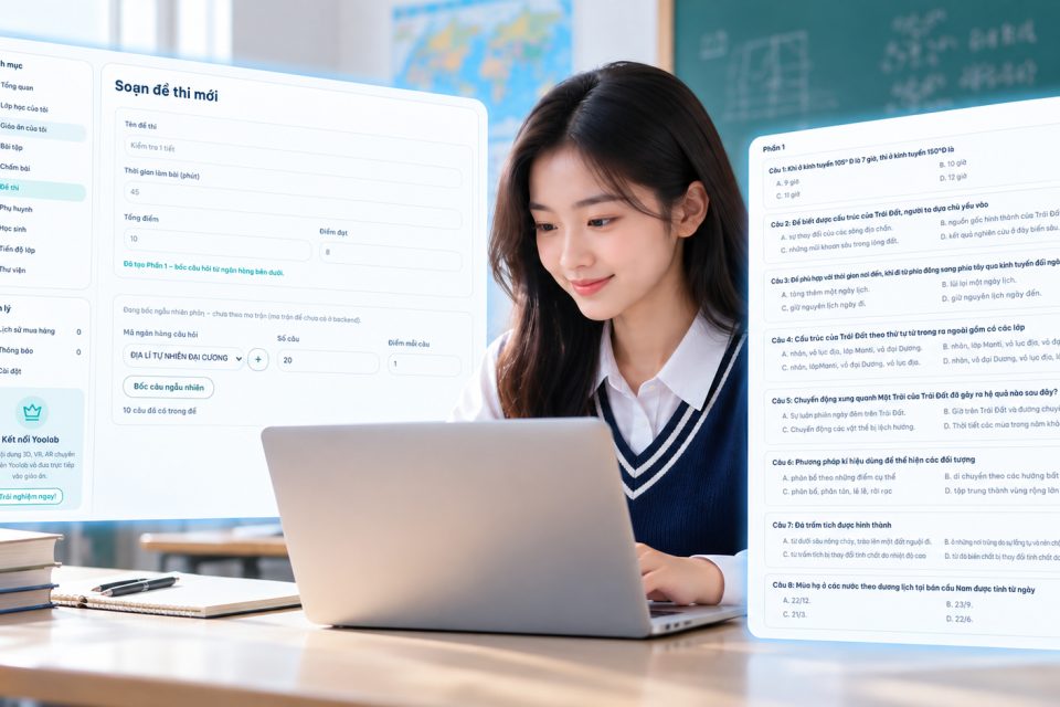 Bài kiểm tra online với giao diện soạn đề thi và câu hỏi trắc nghiệm trên nền tảng số
