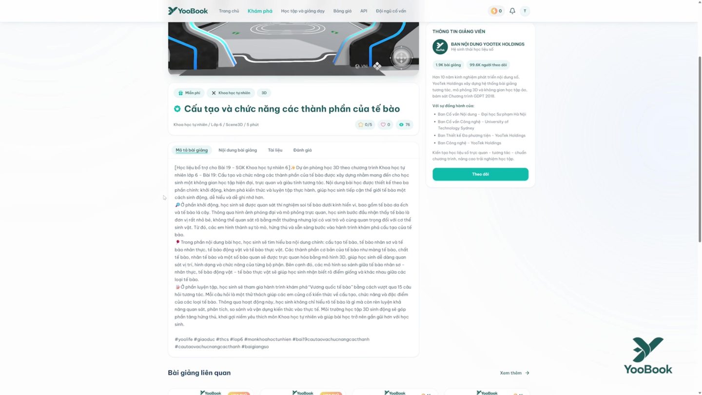 Screenshot thật trang chi tiết bài giảng YooBook với mô tả, nội dung, tài liệu và đánh giá.