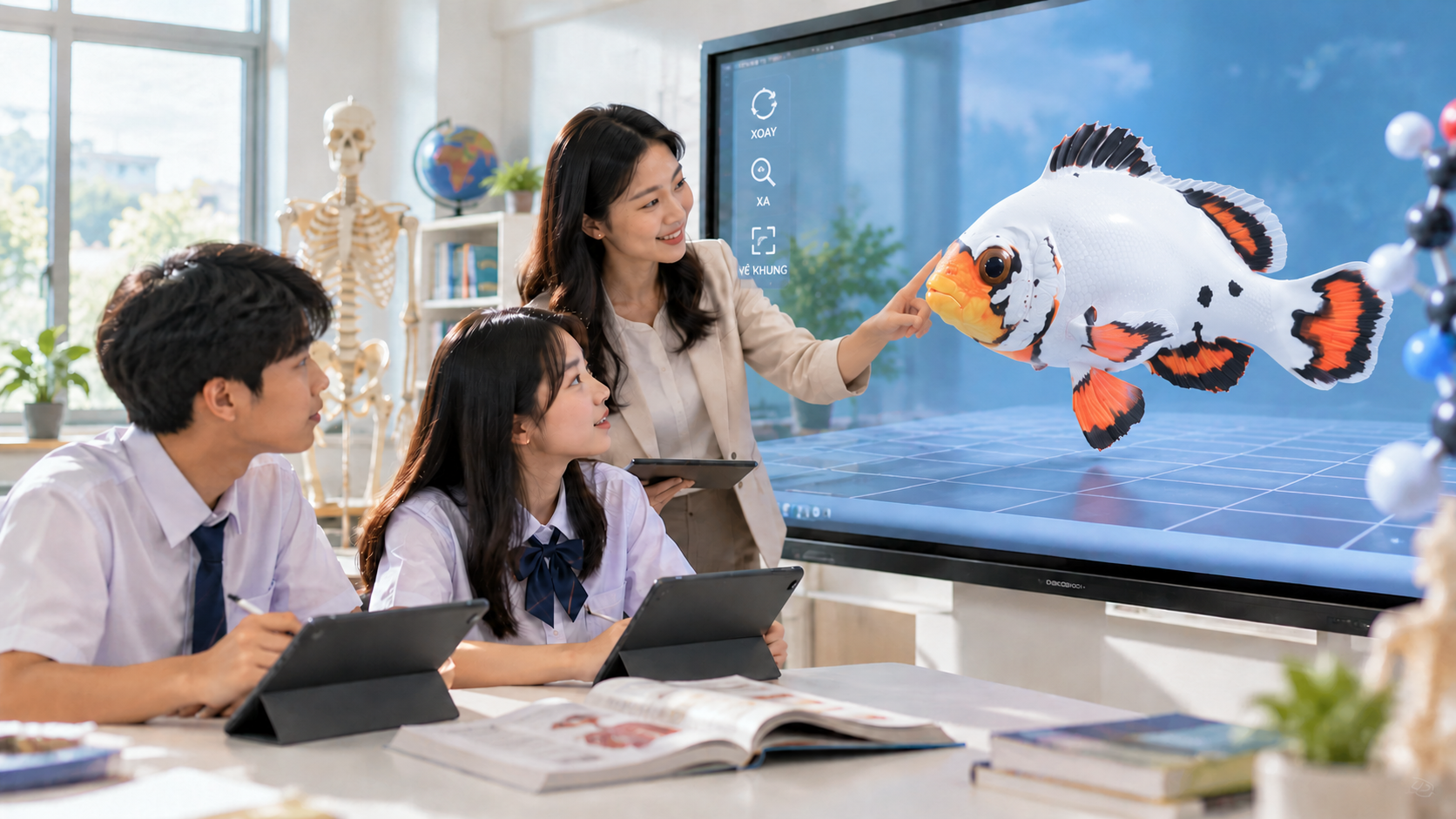 Giáo viên hướng dẫn học sinh khám phá mô hình cá cảnh biển 3D trên màn hình tương tác trong lớp học