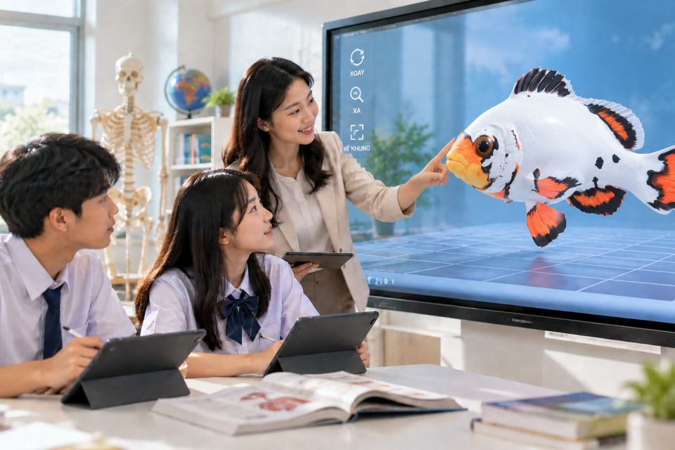 Giáo viên hướng dẫn học sinh khám phá mô hình cá cảnh biển 3D trên màn hình tương tác trong lớp học