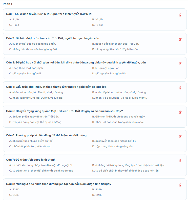 Danh sách câu hỏi trắc nghiệm địa lí trong bài kiểm tra online