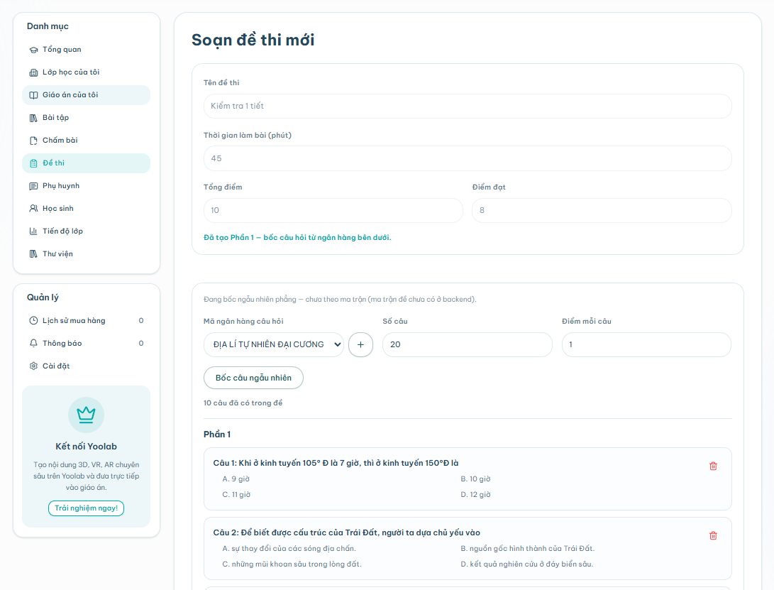 Giao diện soạn đề thi online với tên đề, thời gian làm bài và thiết lập câu hỏi