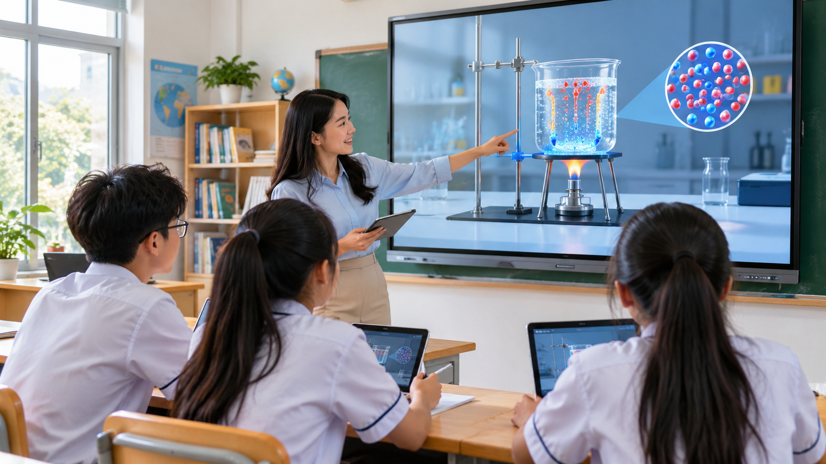 Giáo viên hướng dẫn học sinh quan sát thí nghiệm khoa học mô phỏng trên màn hình tương tác trong lớp học, không sử dụng kính thực tế ảo