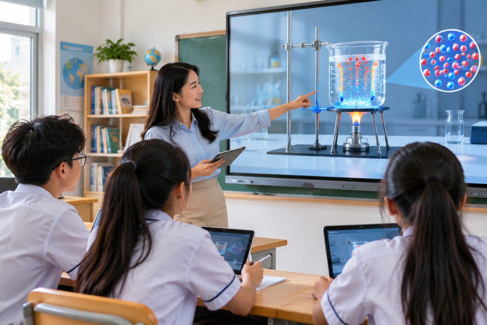 Giáo viên hướng dẫn học sinh quan sát thí nghiệm khoa học mô phỏng trên màn hình tương tác trong lớp học, không sử dụng kính thực tế ảo