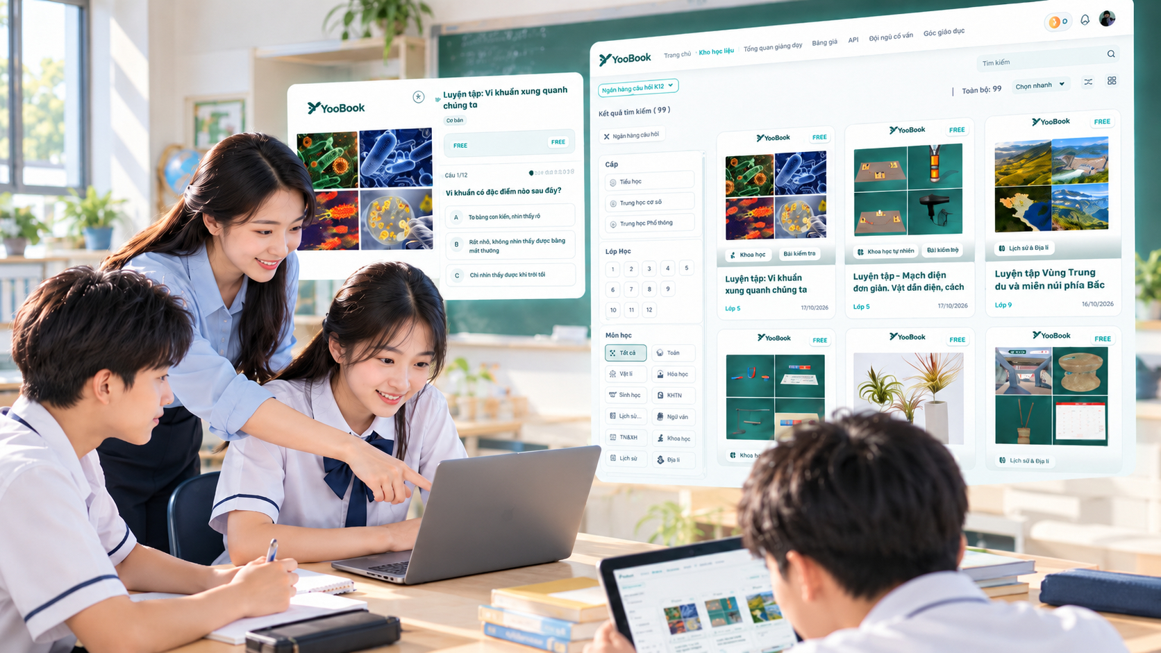 Giáo viên hướng dẫn học sinh khám phá kho ngân hàng câu hỏi K12 trên nền tảng YooBook