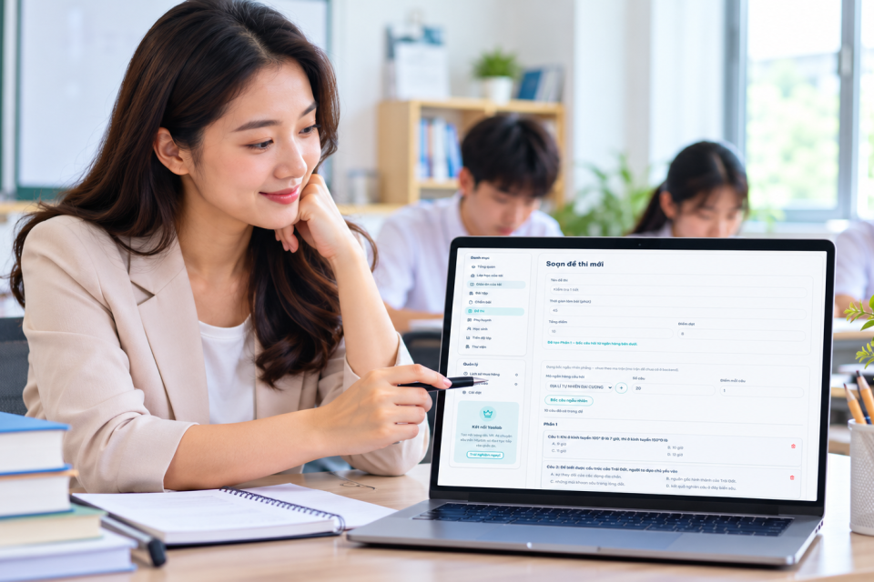 Giáo viên sử dụng giao diện soạn đề thi YooBook với ngân hàng câu hỏi K12 trên máy tính