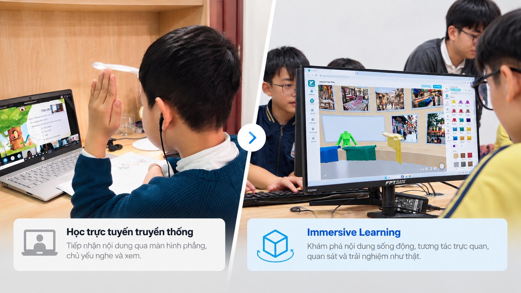 So sánh cách tiếp cận nội dung giữa học trực tuyến truyền thống và Immersive Learning