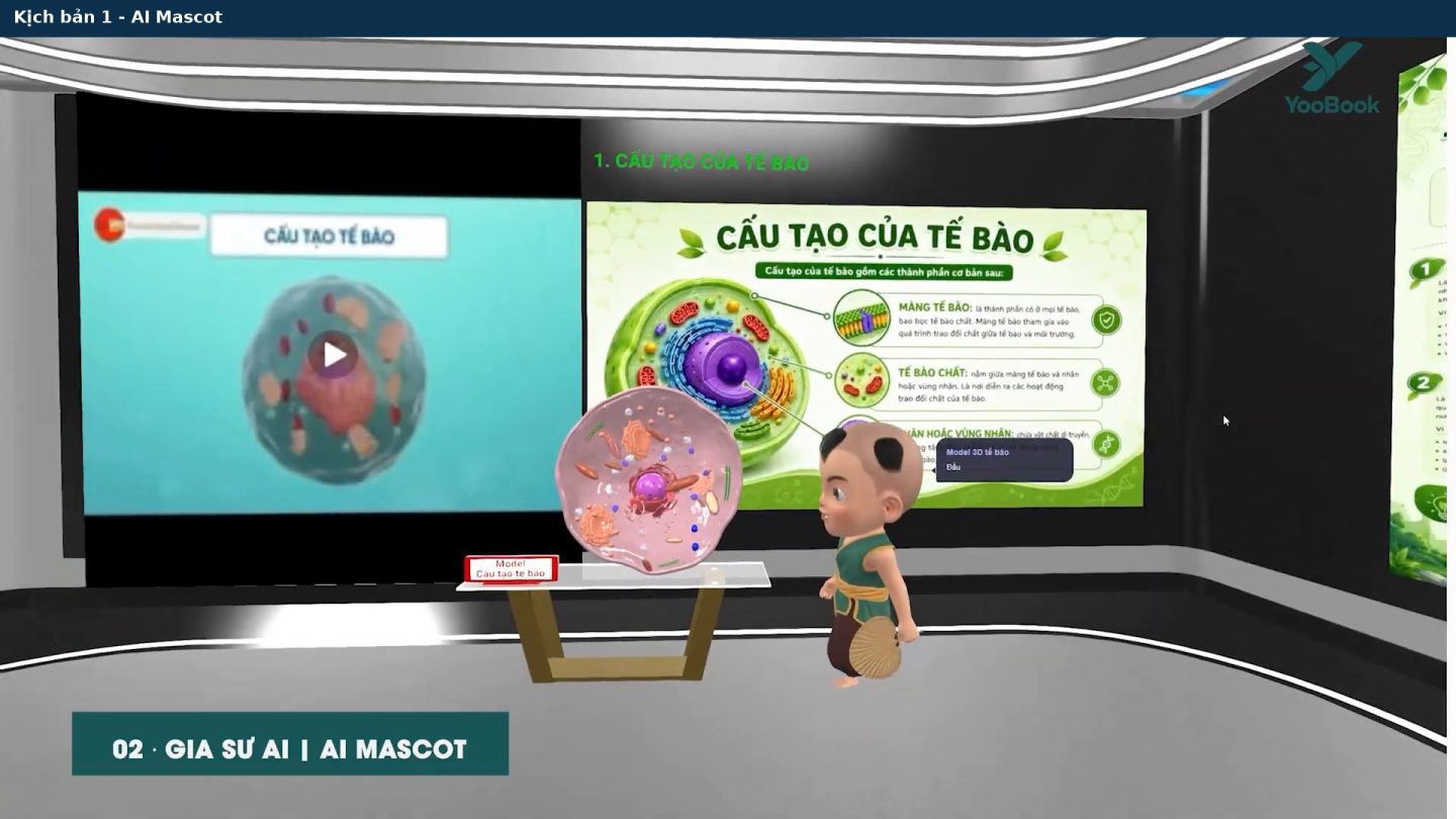 Khung hình AI Gia sư Mascot trong bài giảng 3D/XR trên YooBook