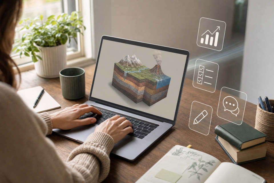 Bàn làm việc của giáo viên với laptop và các biểu tượng đại diện cho AI hỗ trợ dạy học