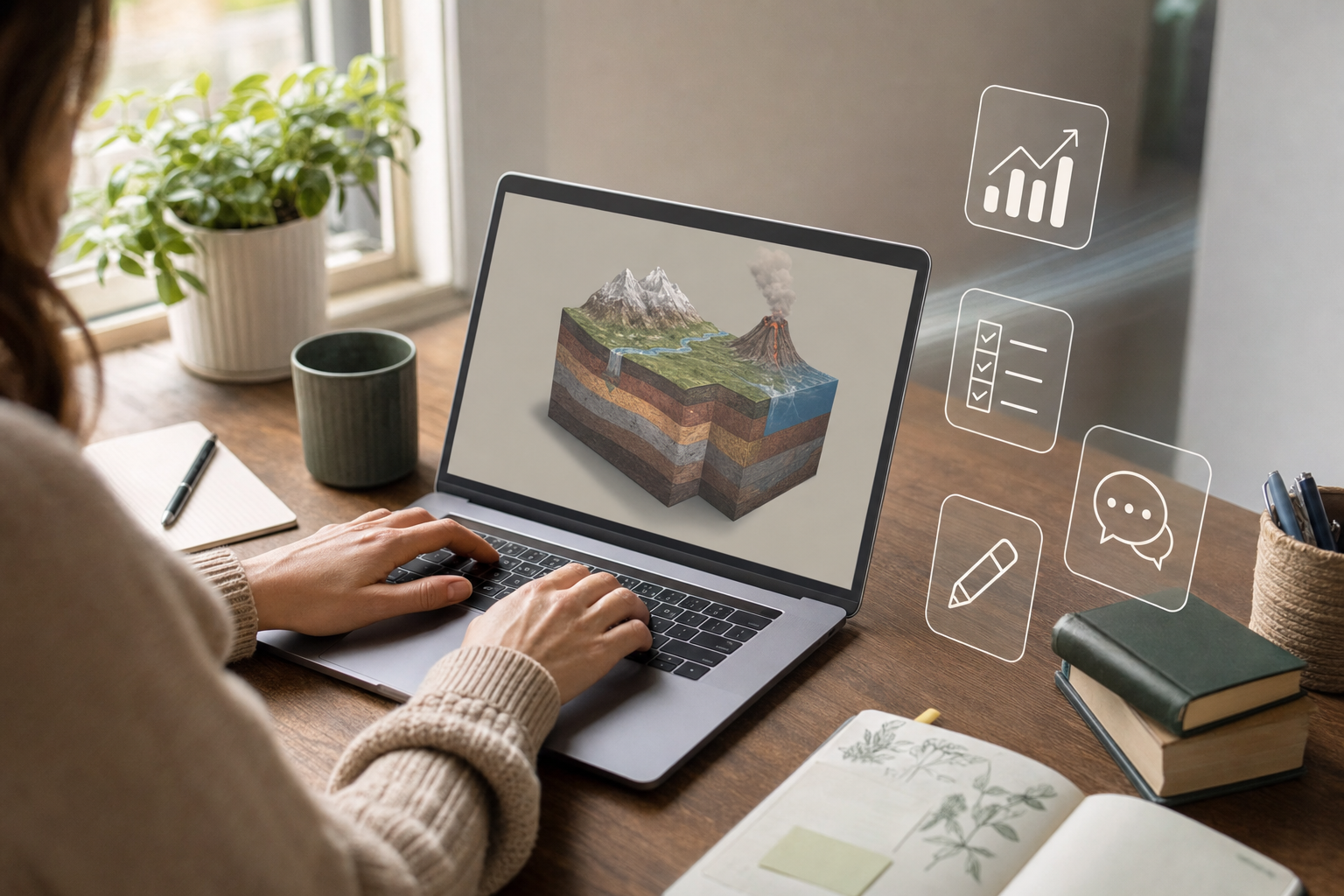 Bàn làm việc của giáo viên với laptop và các biểu tượng đại diện cho AI hỗ trợ dạy học