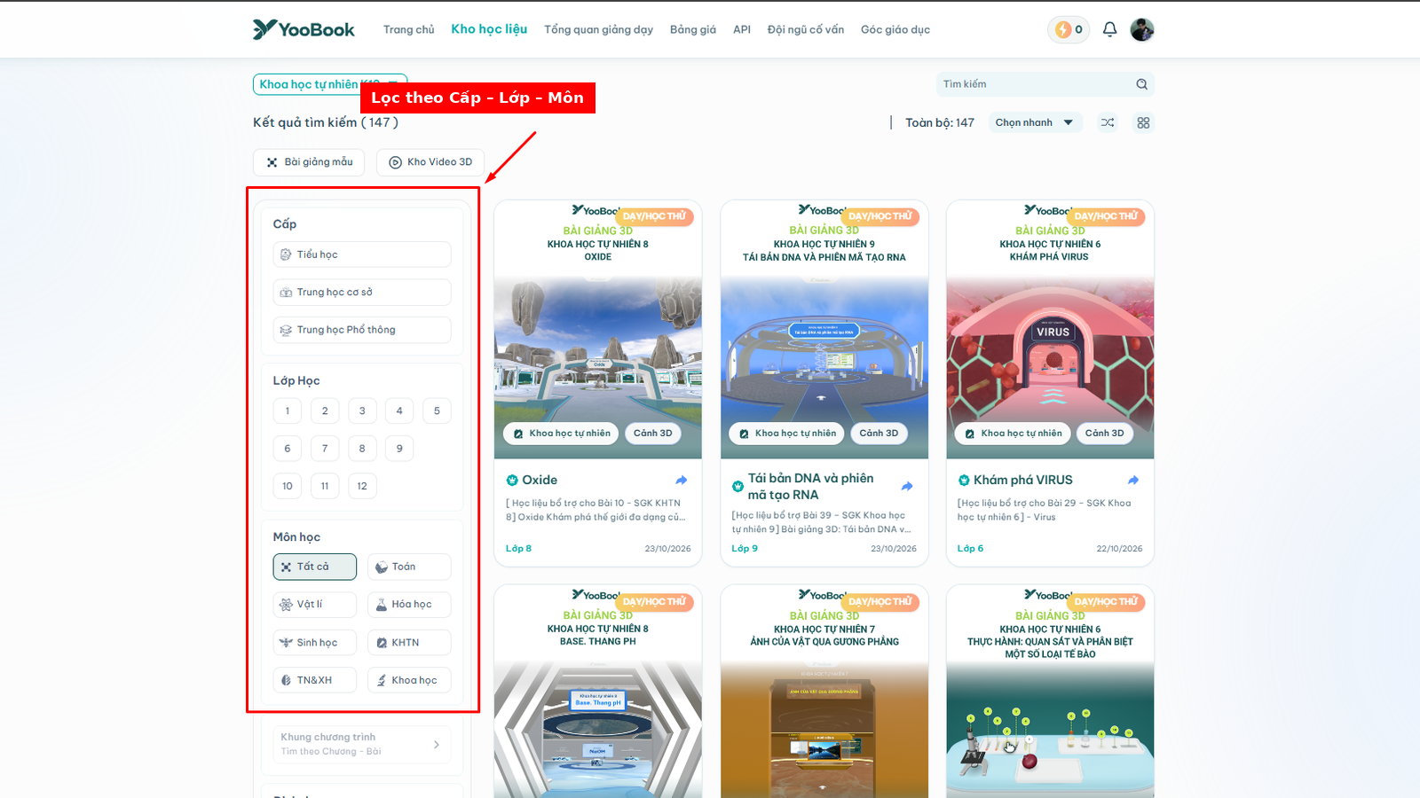 Lọc học liệu YooBook theo cấp học, lớp và môn