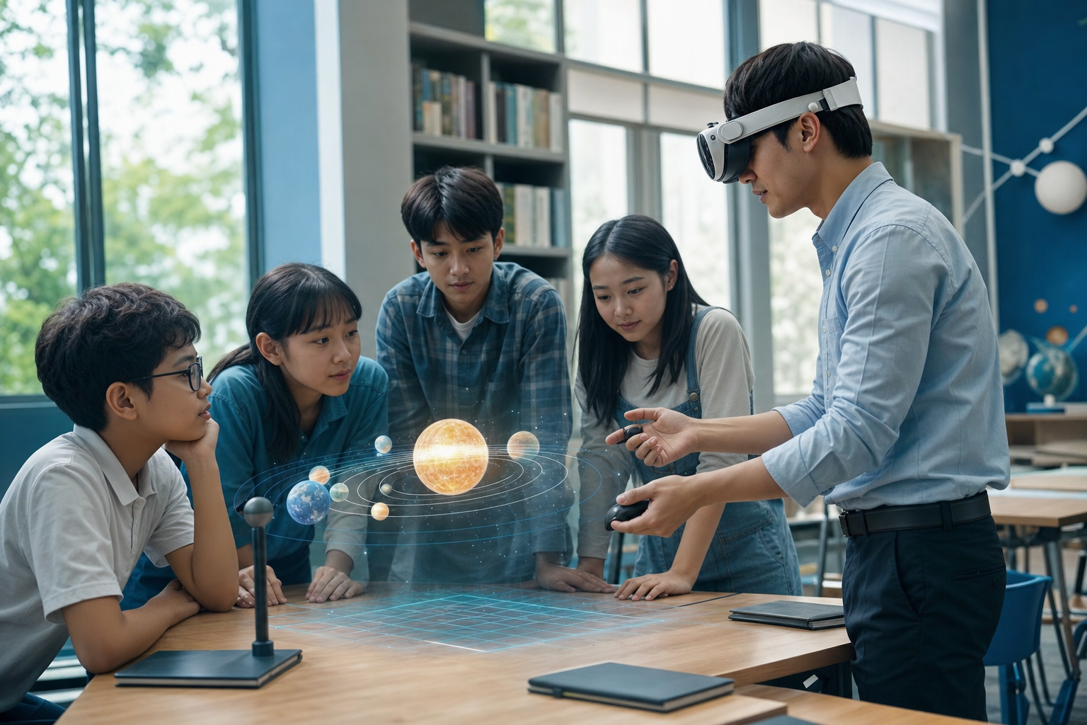 Giáo viên và học sinh tương tác mô hình 3D trong lớp học bằng thiết bị XR